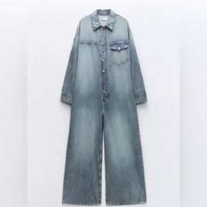 ZARA WOMAN WIDE-LEG DENIM TRF JUMPSUIT FADED BLUE SIZE XL 4365/280